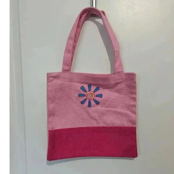 New Childs Two Toned Pink Coloring Tote Bag with Embroidered Flower - Picture 1 of 5